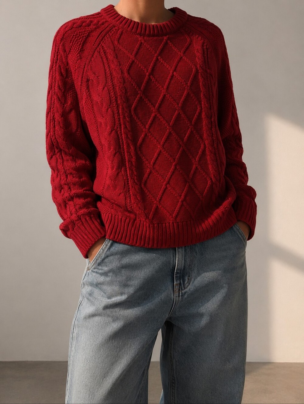 GAP Cable Knit Crewneck Sweater | Red Cotton Knit | Size M | Classic Fisherman C